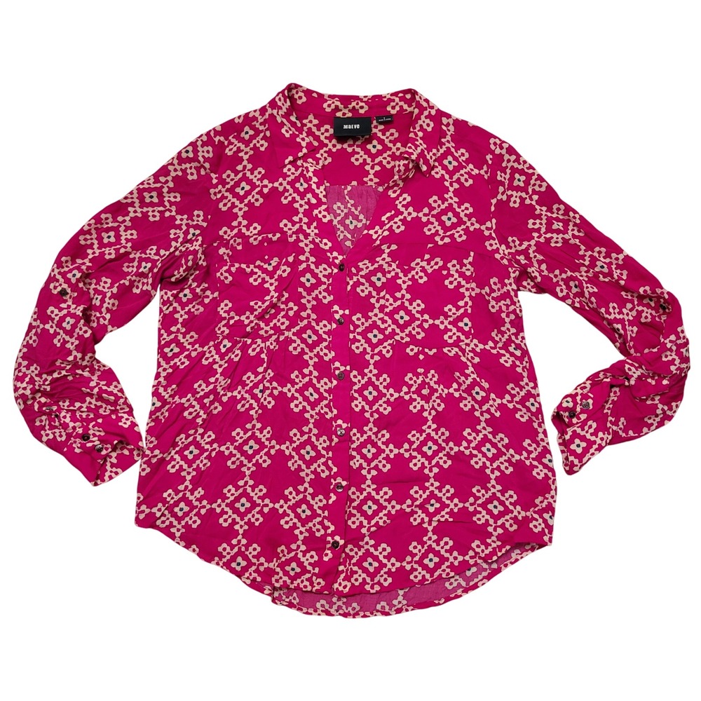 Maeve 6 Blouse Pink White Floral Roll Tab Button Down ANTHRO Overland Feminine